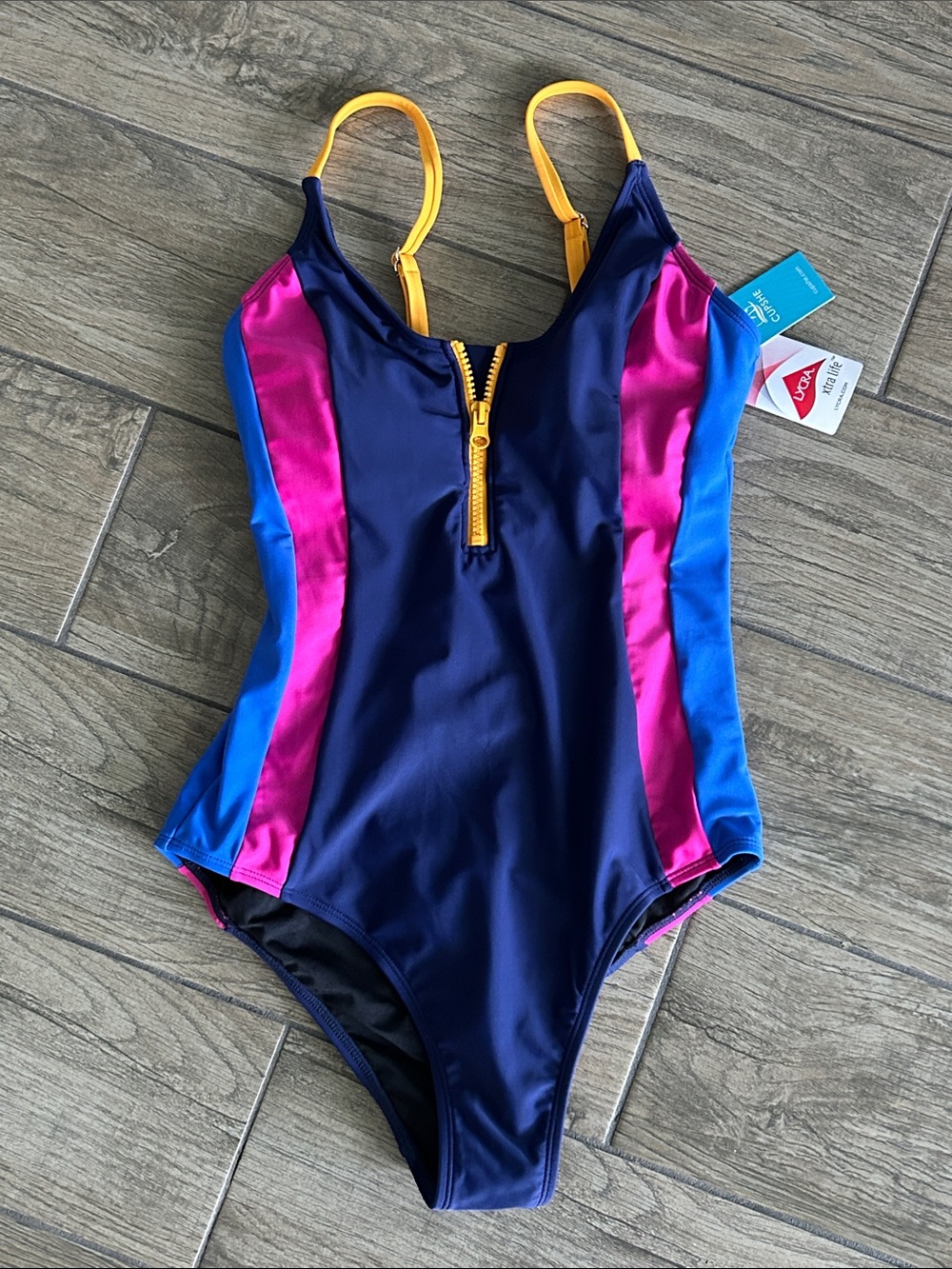 NWT.. Navy One-Piece Swimsuit with Pink & Blue Panels and Yellow Straps Size S